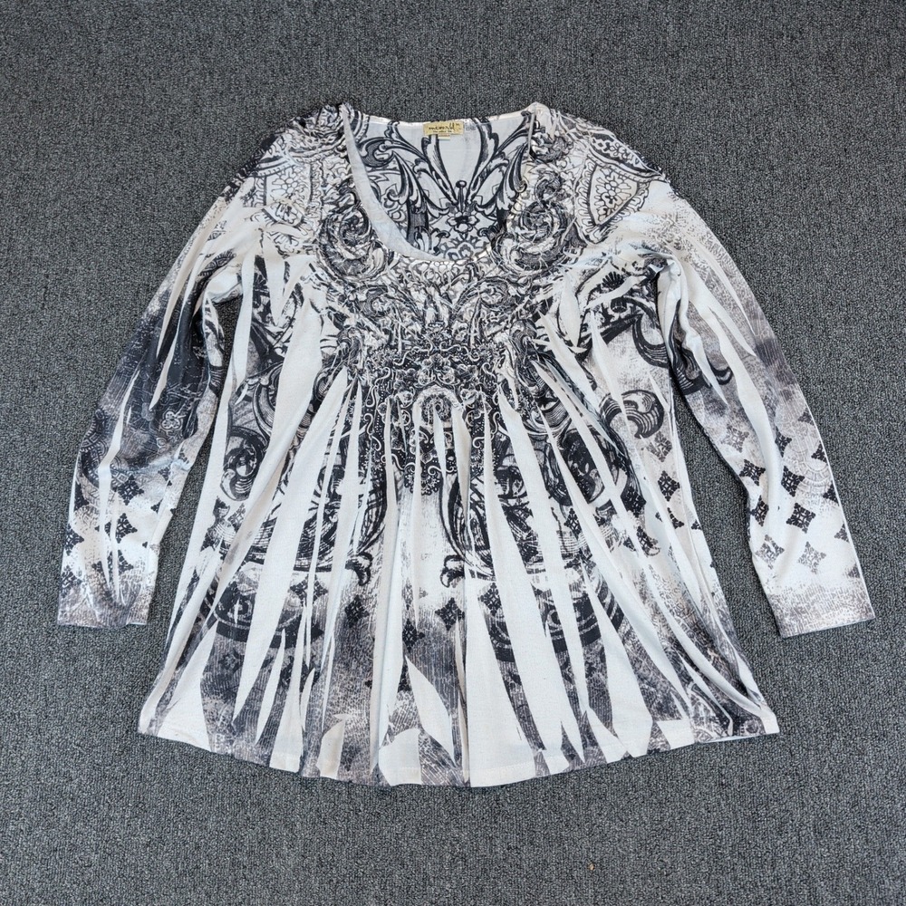 One World Y2K Baroque Print Tunic Top Women Size M White Black Polyester Spandex — photo 2